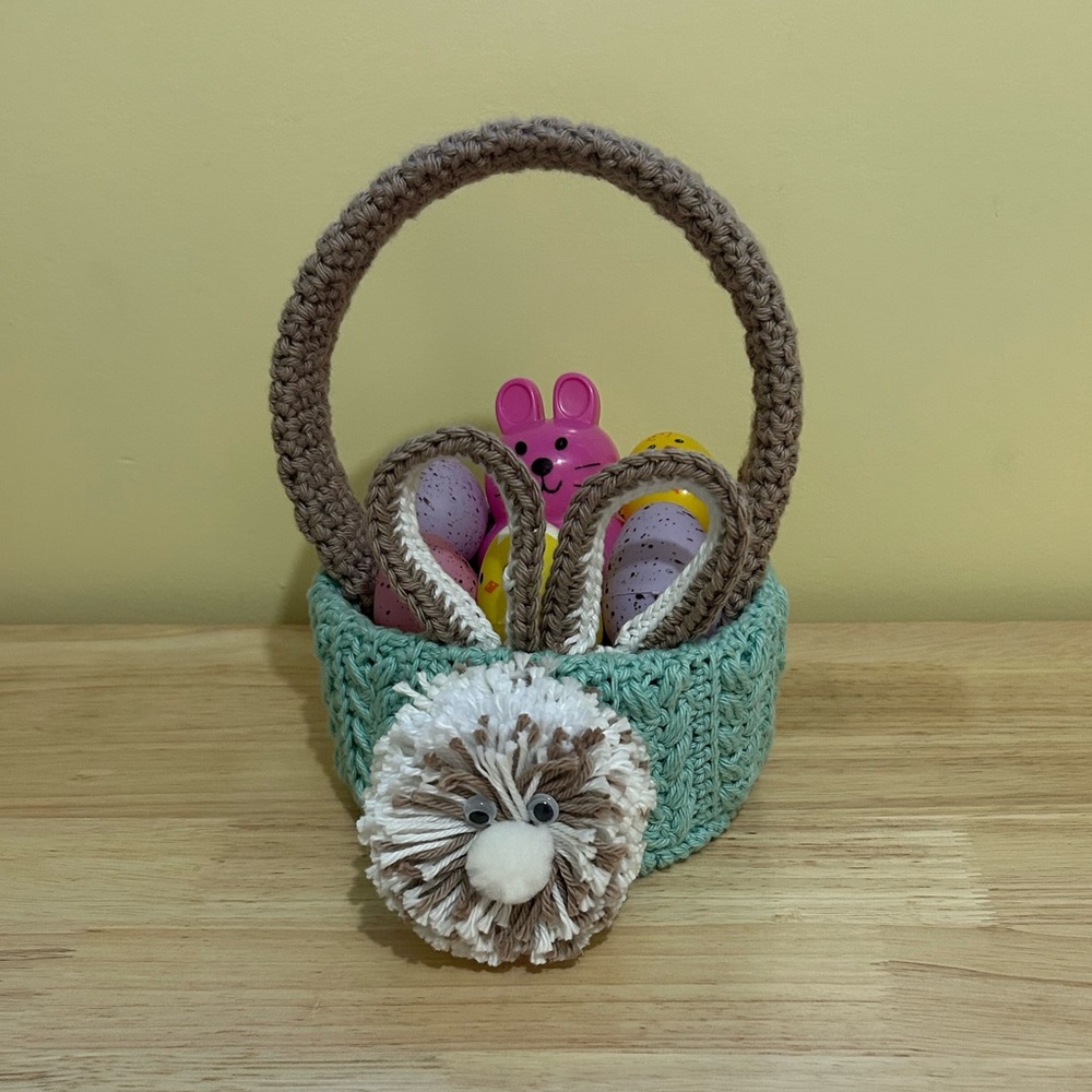 Mint Green Crochet Bunny Basket with Pom Accent